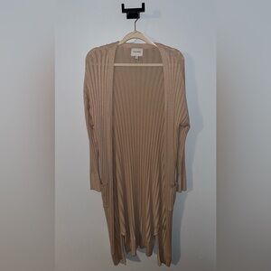 Knee Length Tan Open-Front Sweater